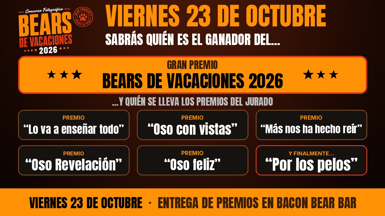 Cartel de la entrega de premios Bears de Vacaciones 2026 en Bacon Bear Bar